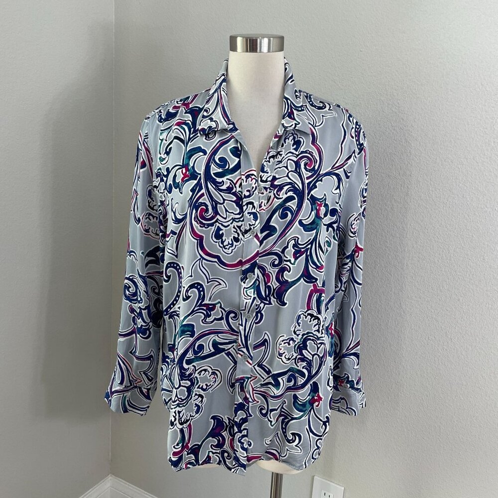Chicos Womens 16/18 Button Up Long Sleeve Shirt Gray Paisley Print Blouse